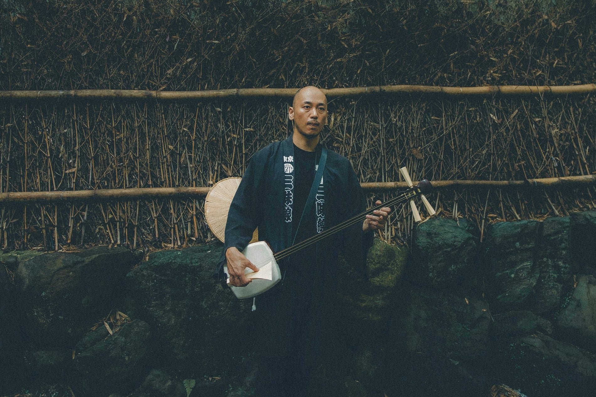 A shamisen player in a bamboo grove