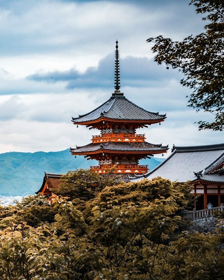 The red pagoda of a Kyoto temple rising above the city rooftops