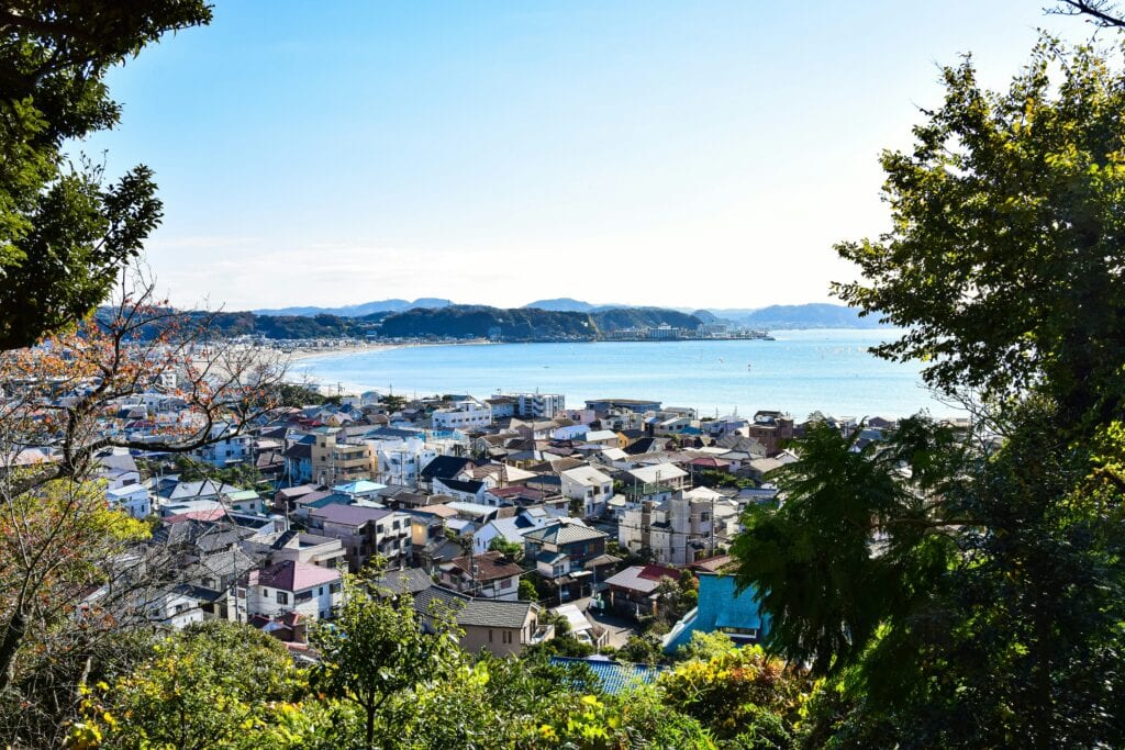 View of Kamakura town and coastline overlooking Sagami Bay from a hilltop trail