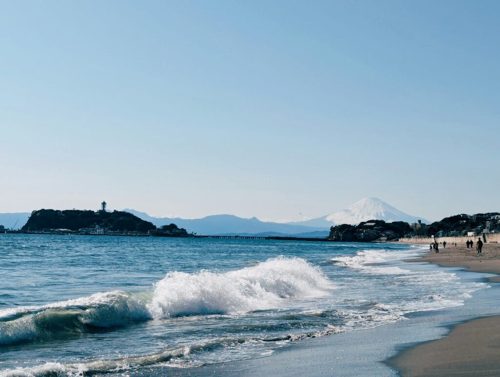 Mount Fuji seen from the beach near Enoshima and Kamakura on a clear day