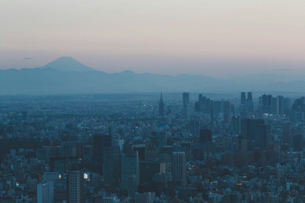 Mount Fuji view from Tokyo Skytree at dusk with city skyline in foreground